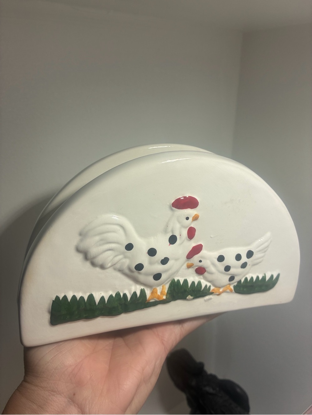 White Ceramic Napkin Holder with Rooster Design Cottage Core Kitchen Decor
